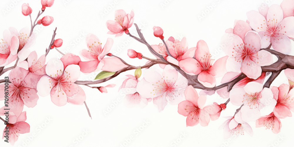 delicate branches of cherry blossoms in close-up, on a light background, watercolor illustration, spring banner, design concept of spring marketing materials