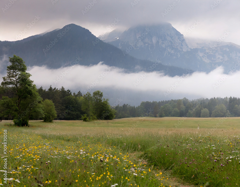 beautiful meadow with a misty mountain view on the background