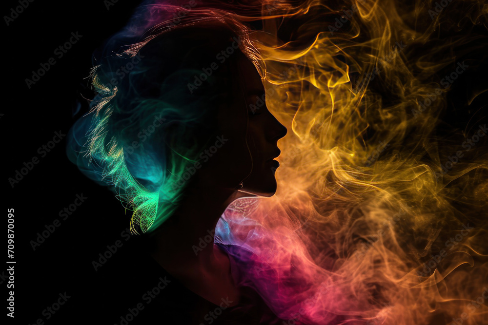 Silhouette of a girl made of colourful smoke on a black background Silhouette of a girl made of colourful smoke on a black background