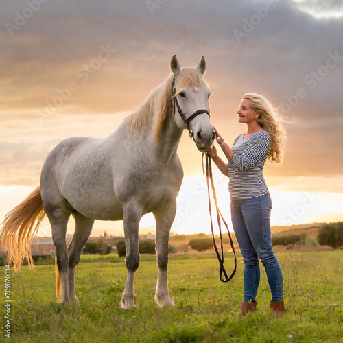 beautiful meadow with a horse and a woman at sunset