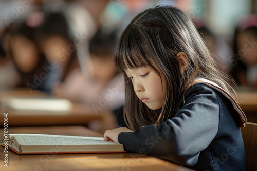 girl of Asian appearance,an elementary school student,sits at desk,reads book against background of classmates,concept of school life,desire for learning,educational materials,projects,research