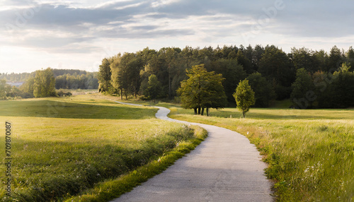 beautiful meadow with a path, a road, a forest; countryside