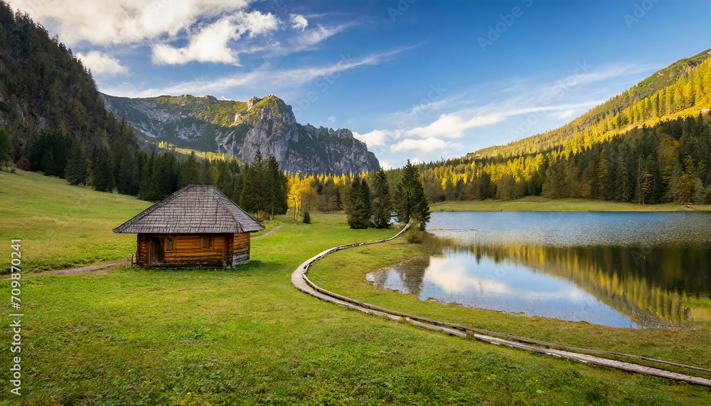 beautiful meadow with a wooden hut next to the lake