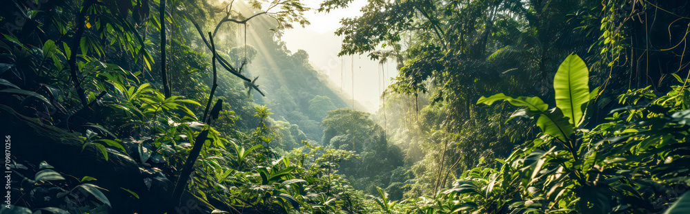 Jungle landscape in warm sunlight