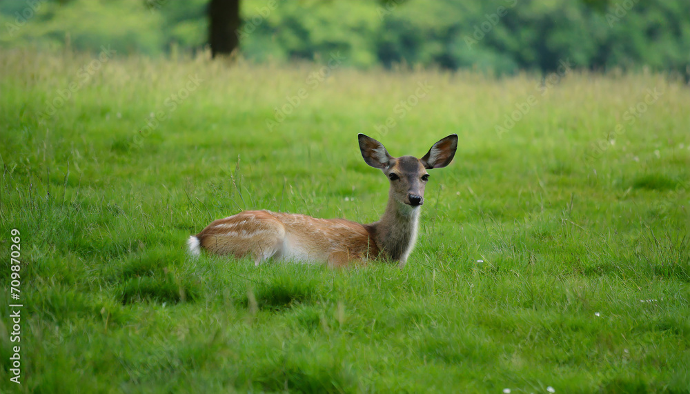 beautiful meadow with a young deer lying in green grass beautiful meadow with a young deer lying in green grass
