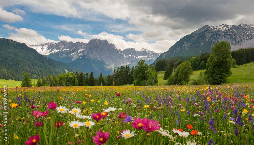 beautiful meadow with colorful flowers and mountains at the background