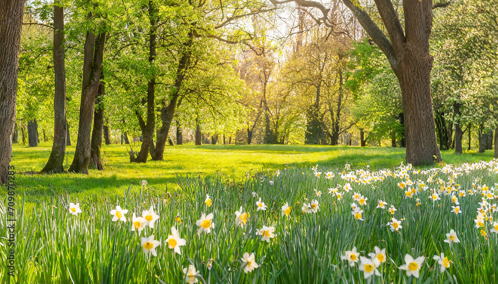 Fototapeta premium beautiful meadow with blossoming daffodils growing in sunny spring park