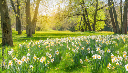 beautiful meadow with blossoming daffodils growing in sunny spring park