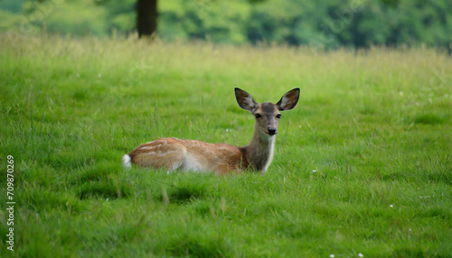 beautiful meadow with a young deer lying in green grass