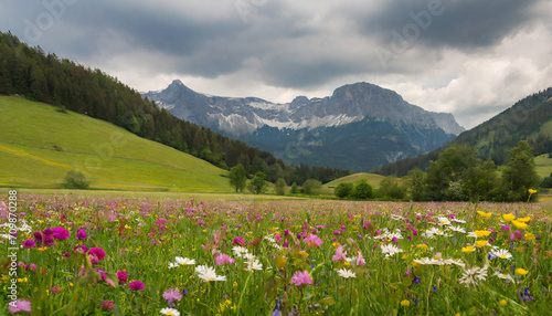 beautiful meadow with colorful flowers and mountains at the background