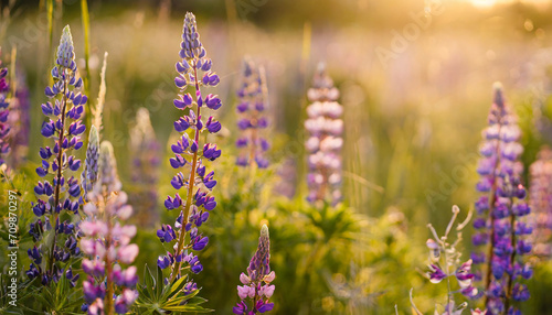 beautiful meadow with purple lupine flower  summer nature  sunset light