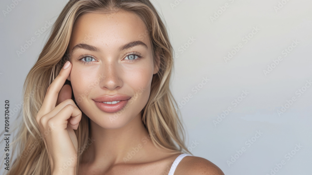 Smiling woman with a hand gently touching her face, displaying clear skin and a joyful expression. Smiling woman with a hand gently touching her face, displaying clear skin and a joyful expression.