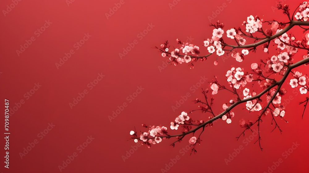Cherry Blossom Branches Against a Gradient Red Background