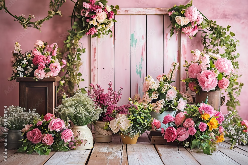Fototapeta premium spring set up with colourful flowers pink , vintage wood parquet.