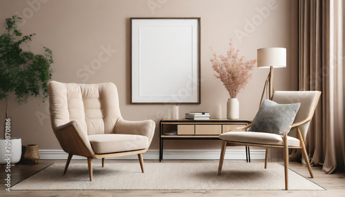 Blank mock up poster frame on beige wall. Interior design of modern living room with armchair