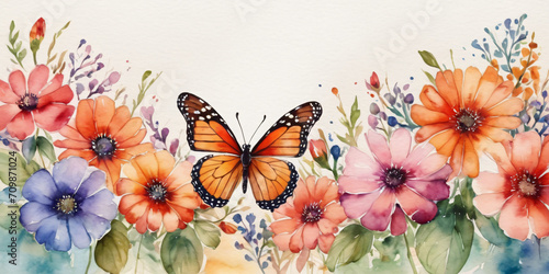 butterfly and flowers watercolor background generated by AI