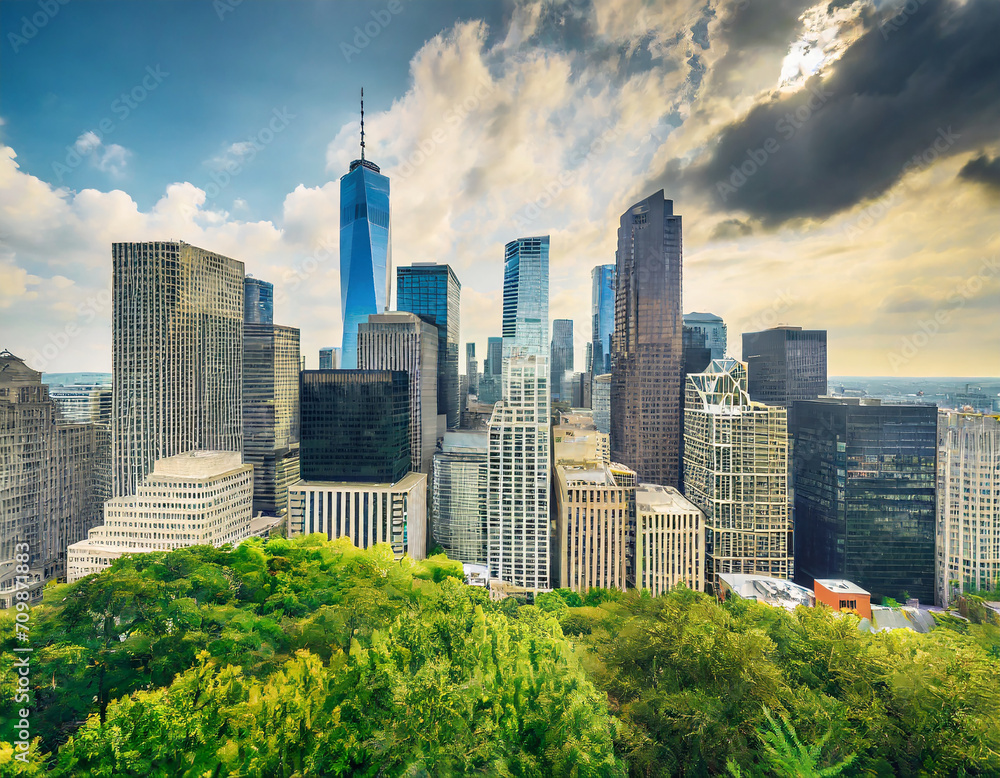 Obraz premium Downtown Skyline Aerial view with skyscrapers and trees in foreground
