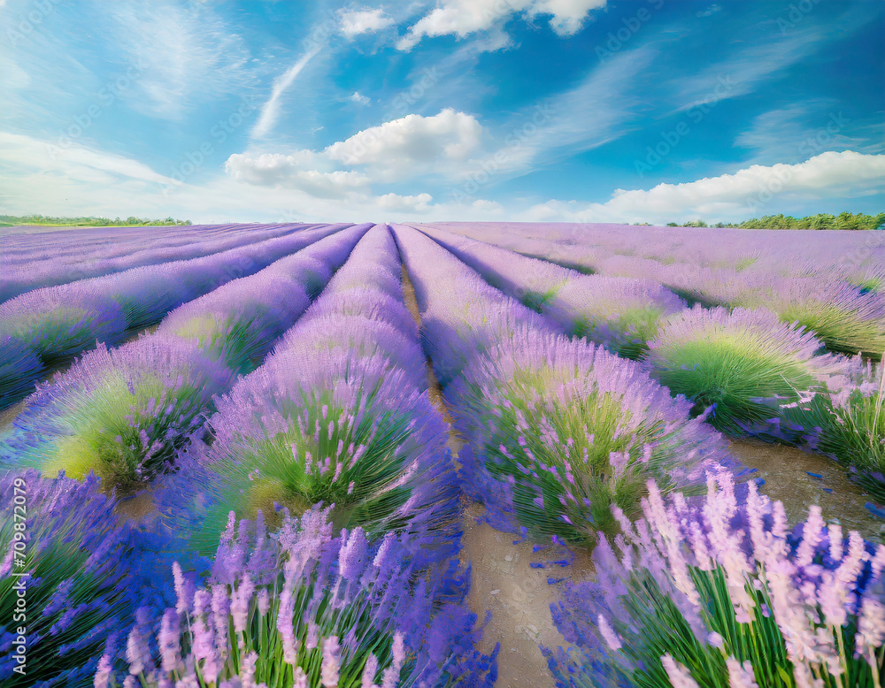 Dreamy lavender pattern with blue sky_ aerial view, top shot