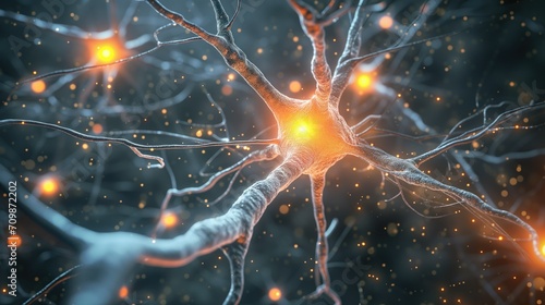 Close-up of a neural cell with glowing nodes, highlighting synaptic activity and neurotransmission within the brain's complex network photo
