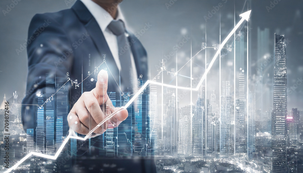 Economy growth financial data concept and investment market profit, Businessman pointing finger to growth success finance business chart and Analyzing Economy growth financial data concept and investment market profit, Businessman pointing finger to growth success finance business chart and Analyzing