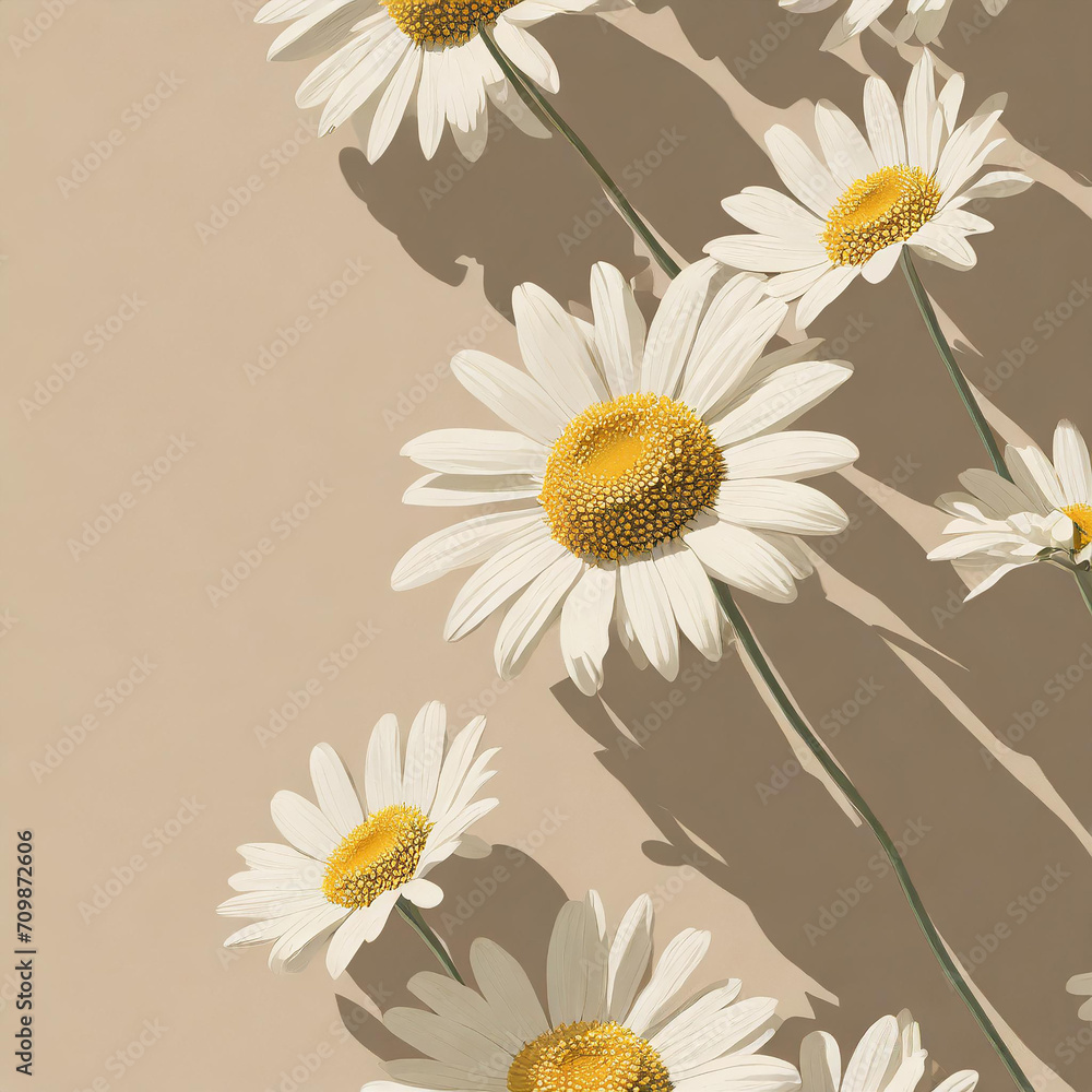 Elegant aesthetic chamomile daisy flowers pattern with sunlight shadows on neutral beige background with copy space Elegant aesthetic chamomile daisy flowers pattern with sunlight shadows on neutral beige background with copy space