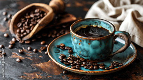 Close-up of a dark teal ceramic coffee cup full of black coffee  placed on a matching saucer.
