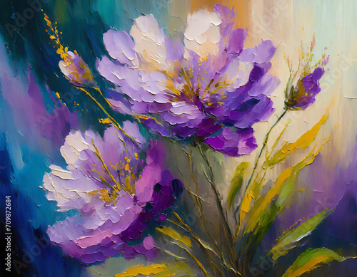 Elegant and beautiful oil painting flower illustration with purple flowers #709872684