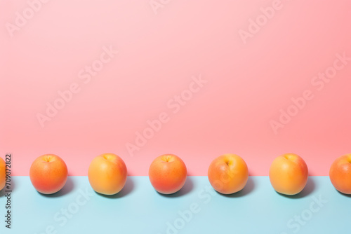 Minimalistic composition of peaches in a row on a pastel pink and blue background, creating a fresh and modern look.