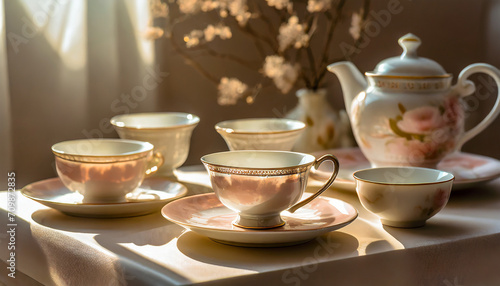 Elegant still life with fine china. Regal hues  intricate patterns. Arrangement of fine china teacups and saucers. Delicate details and soft shadows create an atmosphere of refined elegance.