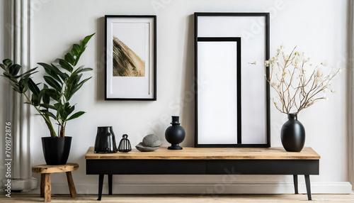 Empty mock up black poster frame on wooden shelf. Interior design of modern living room with white wall and home decor pieces photo