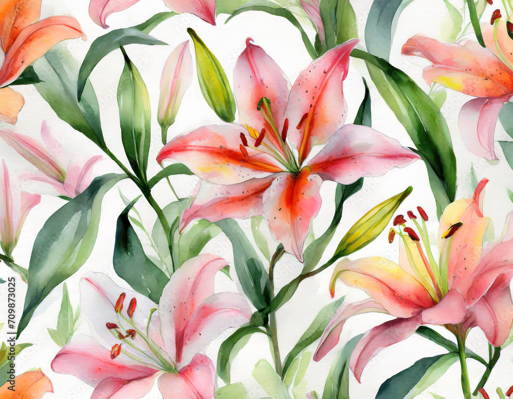Fototapeta premium Enchanting lily pattern painting illustration in watercolor style and type