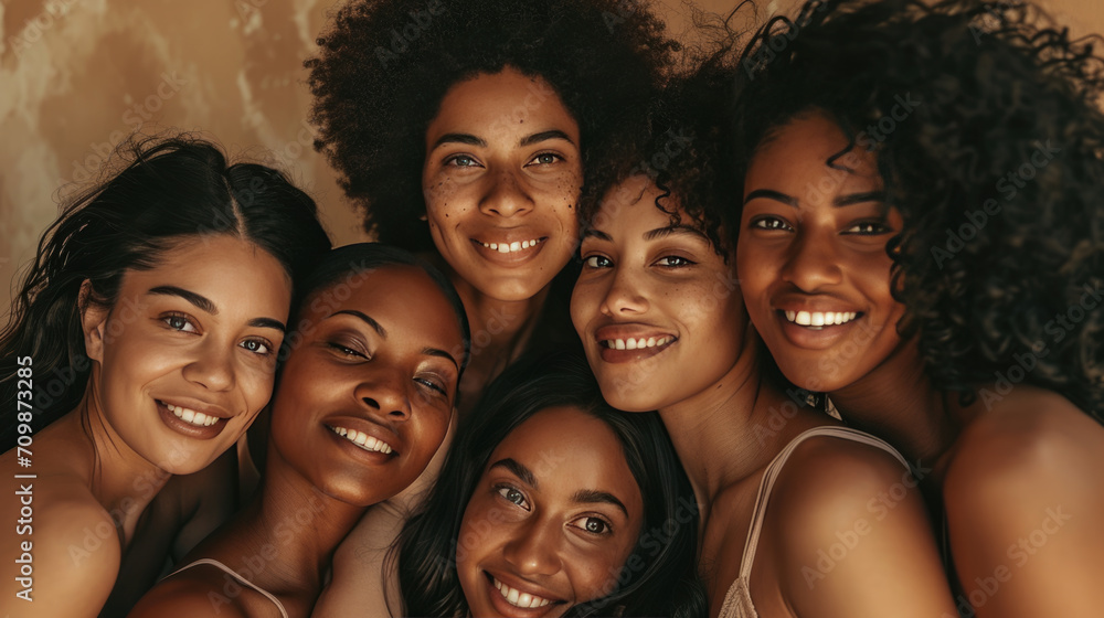 Fototapeta premium Smiling women are huddled closely together, portraying a warm, friendly, and diverse group.