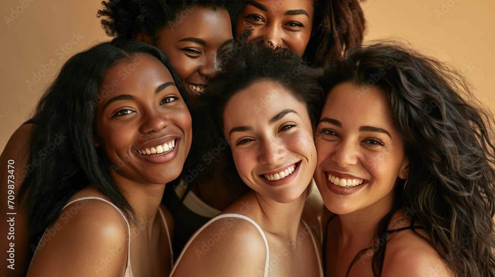 Obraz premium Smiling women are huddled closely together, portraying a warm, friendly, and diverse group.