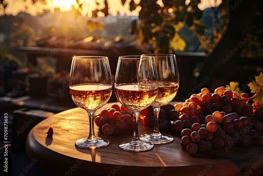 Sunset over vineyard as red grapes are ripe, and a bottle of wine with two glasses poured and light snack are on a wooden box. Generative AI