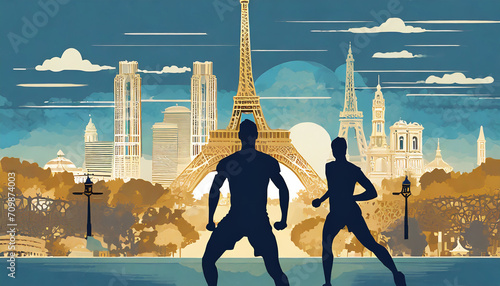 Great editable vector file of olympic multisport players silhouette in the front of paris skyline with classy and unique style best for your digital design and print mockup