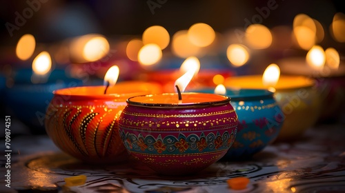 Burning colorful, decorated, elegantly candles, so much smudged flame effect bokech. Diwali, the dipawali Indian festival of light.