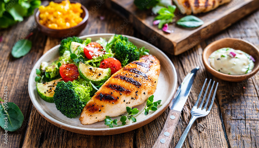 Grilled chicken breast, chicken fillet and fresh vegetable salad, broccoli closeup on wooden table. Healthy lunch menu. Healthy food, keto diet, dieting concept