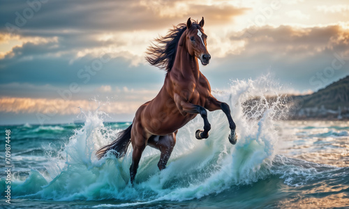 horse rearing in the raging waves of the sea coast at sunset photo