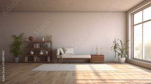 Aesthetic Minimalism in a Living Room Oasis with White Walls and Wooden Elegance,, Aesthetic Japandi Interior Template with White Walls, Wooden Couch, and Natural Elements