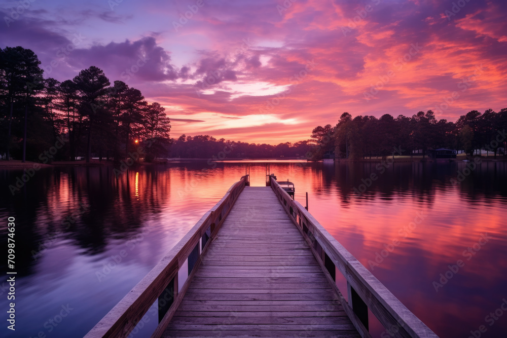  Wooden Pier Leading into a Sunset Lake Vista