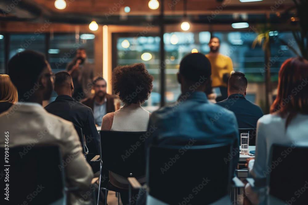 Group of multiethnic people meeting in conference hall, night time Group of multiethnic people meeting in conference hall, night time