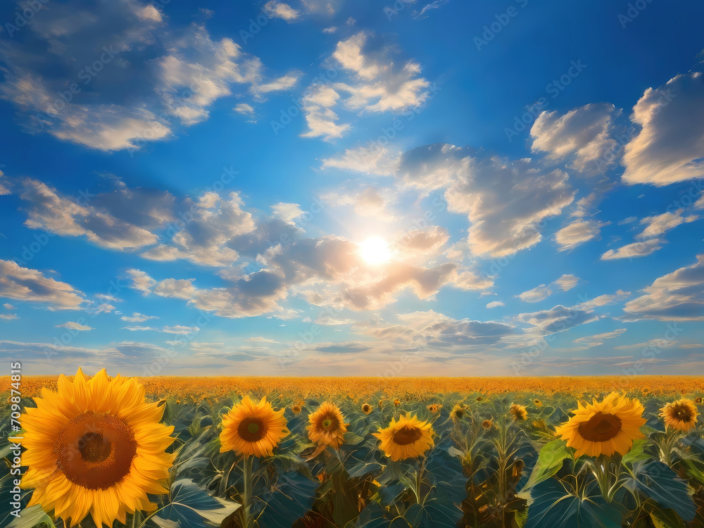 Obraz premium Sunflower Bathed in Sunshine Against a Blue Sky Canvas. AI Generative