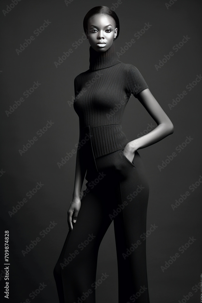 Fototapeta premium Black female model, Create a collection of womens knitted jumpsuits combining unique design elements and Showcasing,generative ai