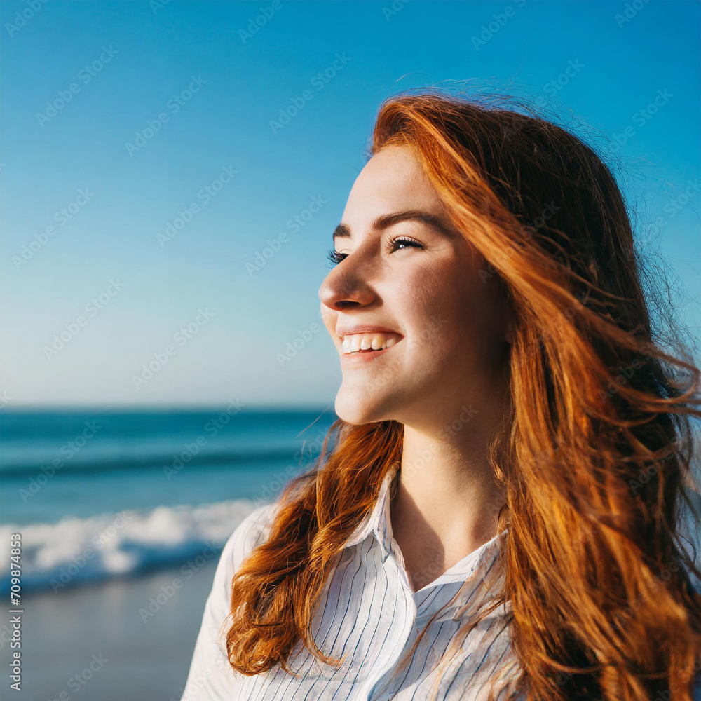 Happy beautiful young woman smiling at the beach side. Delightful girl enjoying sunny day out. Healthy lifestyle concept with female laughing outside.
