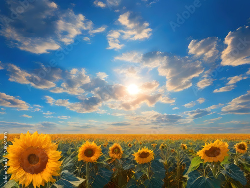 Sunflower Bathed in Sunshine Against a Blue Sky Canvas. AI Generative