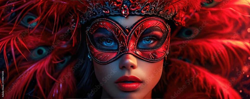Colorful masks and costumes at traditional Carnival in Venice. Beautiful woman in mysterious mask. Venetian carnival. Mardi Gras, masquerade party or holiday event