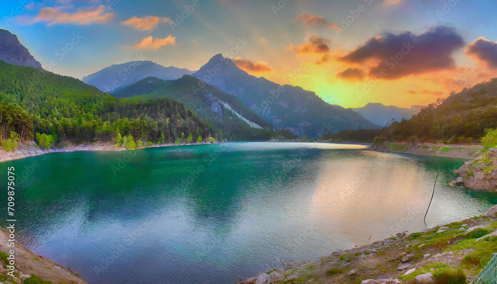 HDR landscape of a lake in the mountains at sunset