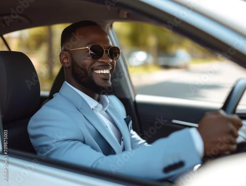 a happy stylish caucasian man in light blue suit is driving white car, Sale transport concept. © Svetlana