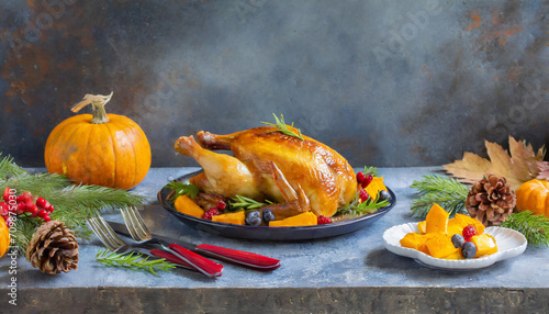 Happy Thanksgiving holiday background. Roasted chicken or turkey, pumpkins for Thanksgiving dinner. Festive table settings for Thanksgiving Day. Copy space