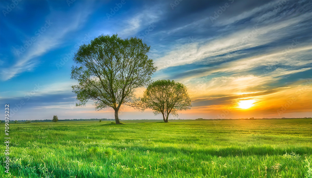 HDR landscape with two trees in a field at sunset